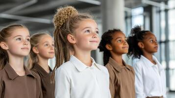 group of schoolgirls looking up with curiosity and admiration photo