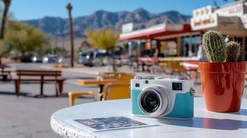 Polaroid camera capturing memories in vibrant outdoor setting photo