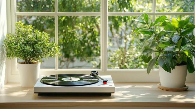 record player beside open window with sunlight and plants photo