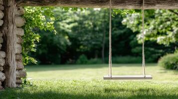 rustic backyard features simple rope swing hanging from wooden beam, inviting relaxation photo