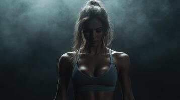 Dynamic workout pose showcasing fit woman in smoky environment photo