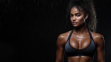 Fit woman showcasing toned physique in dynamic exercise under rain photo