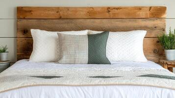 Cozy bed with vintage quilt, decorative pillows, and rustic wooden headboard photo