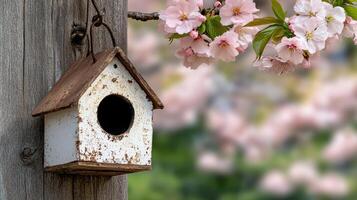 whimsical birdhouse hanging from tree branch with pink flowers photo