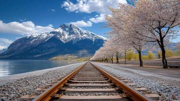 scenic train track lined with cherry blossoms and mountains photo