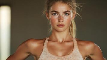 Fit woman with confident expression in workout setting photo