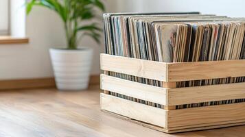 Vinyl records arranged neatly in wooden crate with plant nearby photo