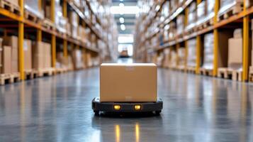 Automated robot transporting packages in warehouse environment photo