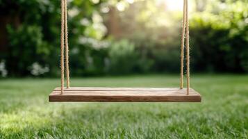 wooden tree swing gently swaying in breeze, surrounded by greenery photo