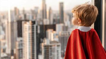 young boy in superhero cape gazes at city skyline, dreaming big photo