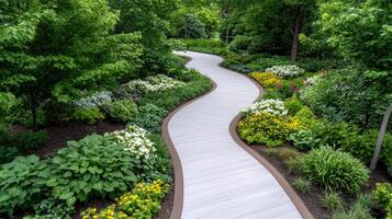 winding path through vibrant flower garden filled with greenery photo