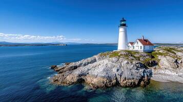 Aerial view of historic lighthouse on rocky shore with blue ocean photo
