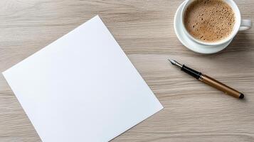 blank document on wooden table with cup of coffee and pen photo