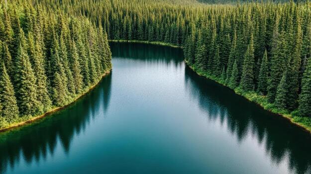 Aerial view of tranquil lake surrounded by lush evergreen trees photo