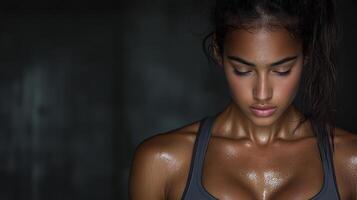 Athletic girl with defined abs, focused and determined in gym setting photo