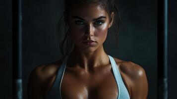 Athletic girl with defined abs posing confidently in gym setting photo