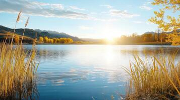 serene lake at sunset with golden foliage and mountains in background photo