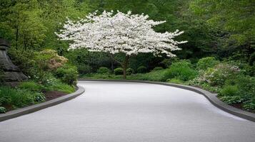 serene path lined with lush greenery and blooming white tree photo