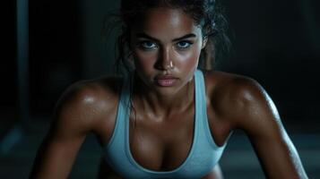 Energetic girl exercising in gym, showcasing strength and determination photo