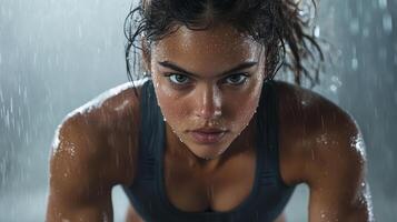 Energetic girl exercising in rain, showcasing her toned physique and focus photo