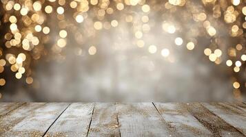 Dreamy abstract bokeh background with golden glimmers and wooden surface photo