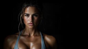 strong woman showcasing her athletic physique in dramatic lighting photo