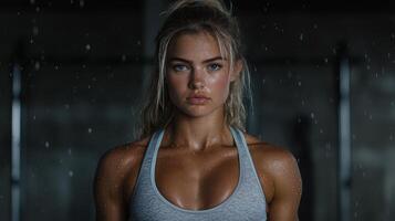 Fit woman with wet skin in gym, showcasing strength and determination photo