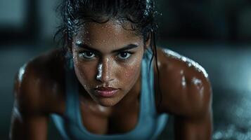 focused woman performing core stability exercise, showcasing her strength and determination photo