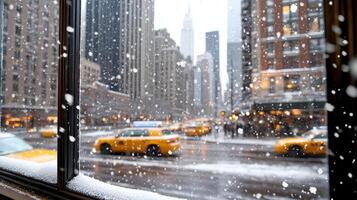 snowy city street view with yellow taxis and tall buildings photo