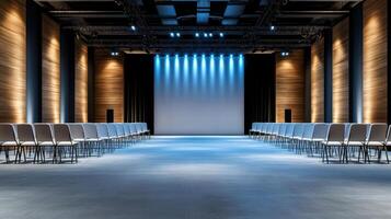 spacious seminar hall with blue LED lights and empty chairs arranged neatly photo