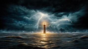 lighthouse standing tall amidst stormy sea, illuminated by lightning photo