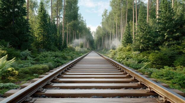 serene abandoned railway surrounded by tall trees and lush greenery photo