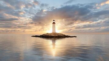 lighthouse standing alone on tiny island, waves lap gently at sunset photo