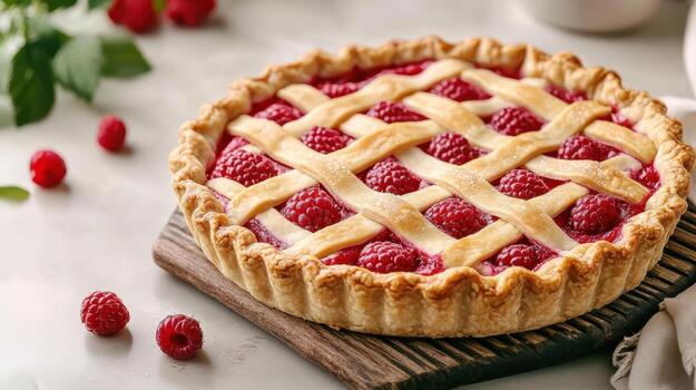 Lattice top raspberry pie on rustic wooden board, perfect for dessert photo