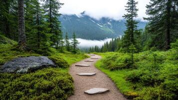 serene mountain path winding through lush greenery and fog photo