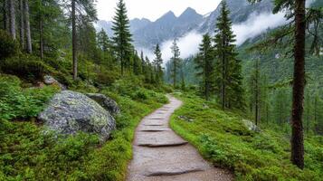 narrow mountain path winding through lush greenery and tall trees photo