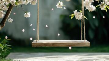 peaceful backyard swing hanging under blossoming tree, surrounded by petals photo
