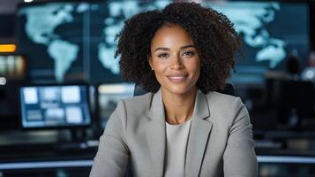 Professional news anchor reporting on global issues with confidence photo