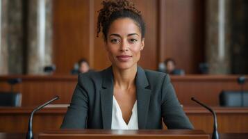 confident woman at podium in formal setting, ready to speak photo