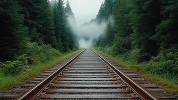 railway track in misty forest, surrounded by lush greenery and trees photo