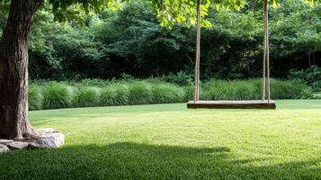 rustic backyard with simple rope swing hanging from tree, surrounded by lush greenery photo