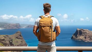 solo traveler stands at scenic viewpoint, enjoying ocean view photo