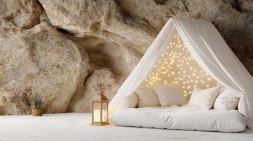 cozy pillow fort with glowing lantern and soft lights in cave photo