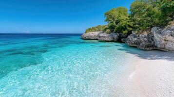serene hidden cove on remote island with clear turquoise waters and sandy shore photo
