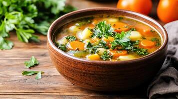 steaming bowl of hearty vegetable soup with fresh herbs and vibrant colors photo