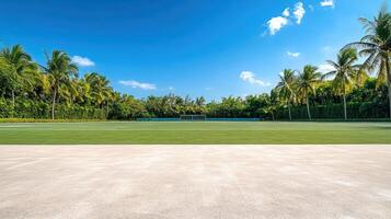 vibrant sports field with lush palm trees and clear blue sky photo