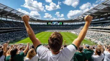Excited fan celebrating in large stadium during sports event photo