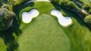 Aerial view of scenic golf course with manicured greens and sand traps photo