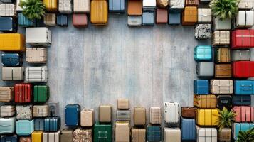 Colorful luggage arranged in circular pattern on wooden floor photo