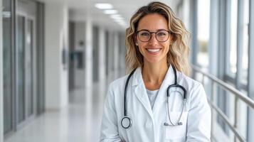 determined female doctor in hospital corridor, smiling confidently photo